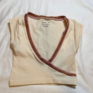 Urban Outfitters Cream Ribbed Wrap V-Neck Sweater with Pink and Brown Trim